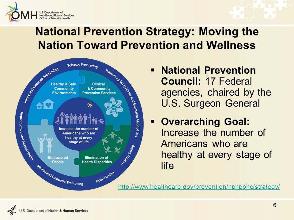 National Prevention Strategy: Moving the Nation Toward Prevention and Wellness  National Prevention Council: 17 Federal agencies, chaired by the U.S.