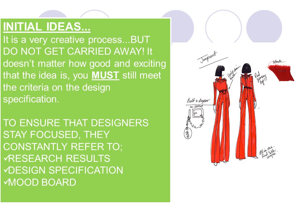INITIAL IDEAS... It is a very creative process...BUT DO NOT GET CARRIED AWAY.