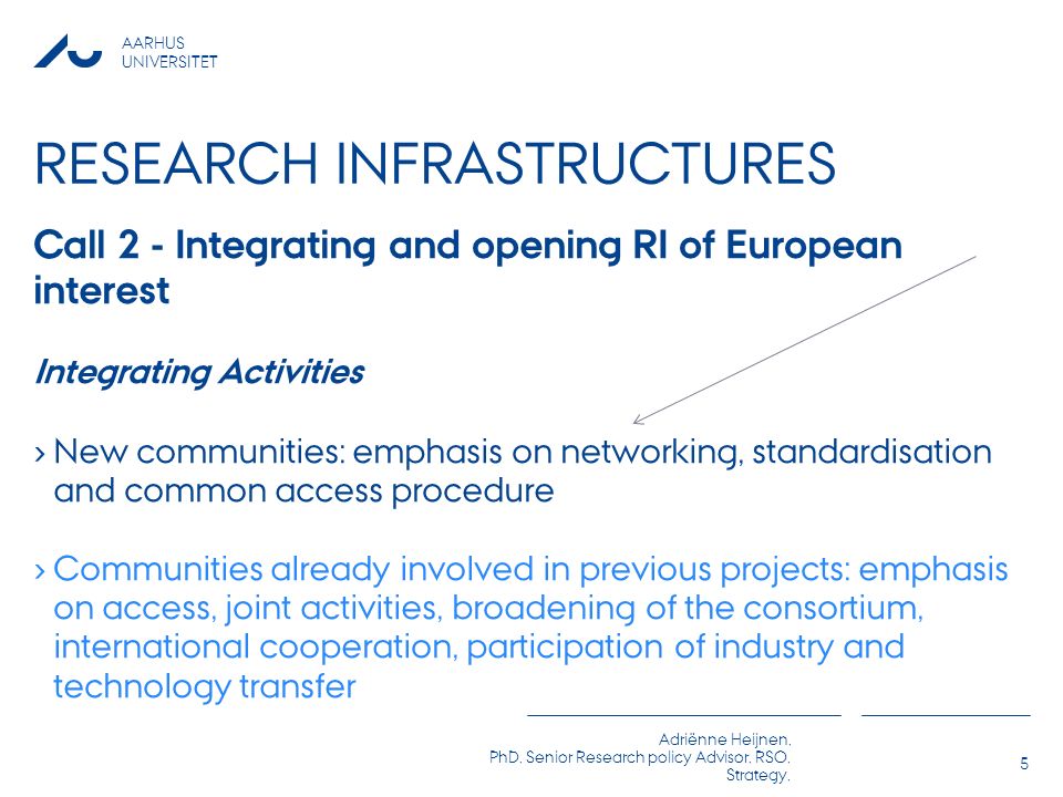 AARHUS UNIVERSITET Adriënne Heijnen, PhD, Senior Research policy Advisor, RSO, Strategy, RESEARCH INFRASTRUCTURES Call 2 - Integrating and opening RI of European interest Integrating Activities › New communities: emphasis on networking, standardisation and common access procedure › Communities already involved in previous projects: emphasis on access, joint activities, broadening of the consortium, international cooperation, participation of industry and technology transfer 5