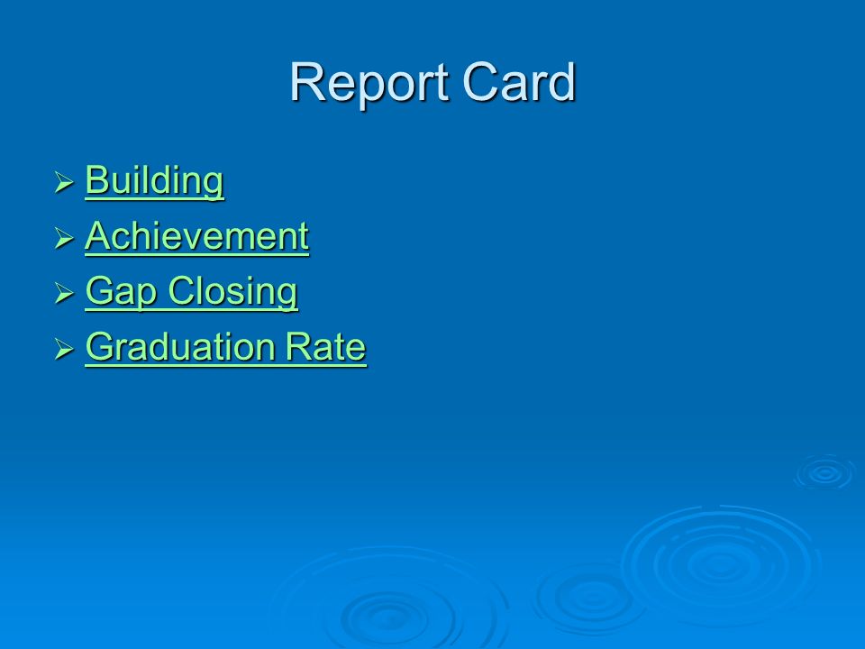 Report Card  Building Building  Achievement Achievement  Gap Closing Gap Closing Gap Closing  Graduation Rate Graduation Rate Graduation Rate