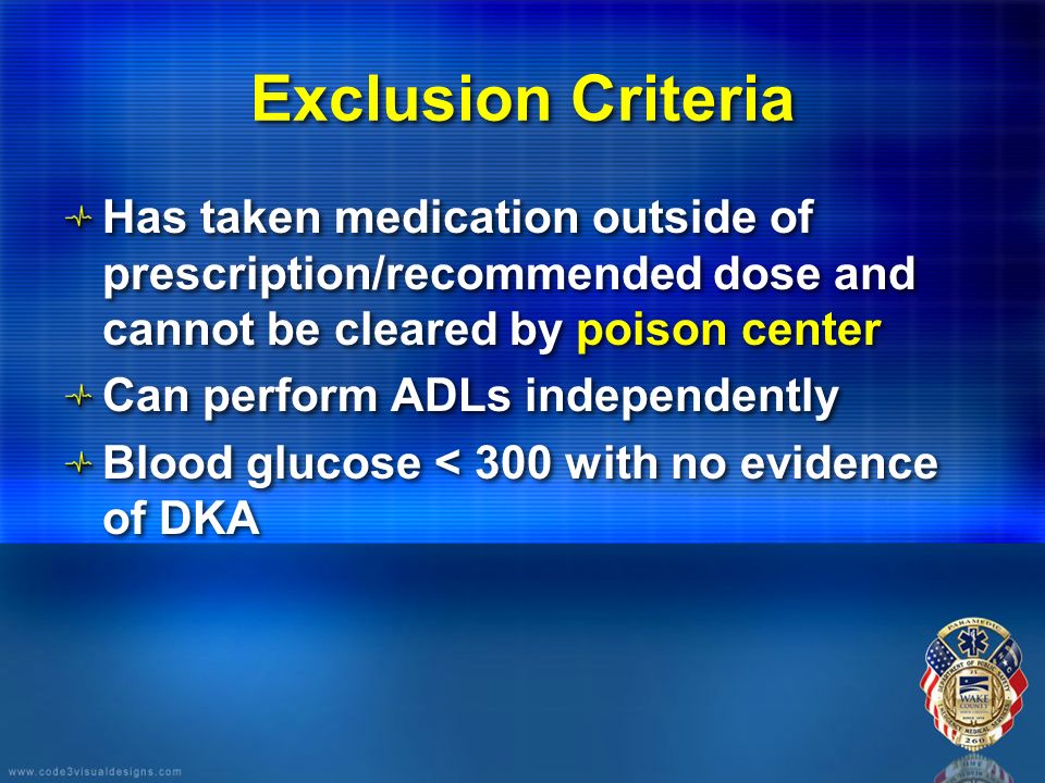 Exclusion Criteria Has taken medication outside of prescription/recommended dose and cannot be cleared by poison center Can perform ADLs independently Blood glucose < 300 with no evidence of DKA Has taken medication outside of prescription/recommended dose and cannot be cleared by poison center Can perform ADLs independently Blood glucose < 300 with no evidence of DKA