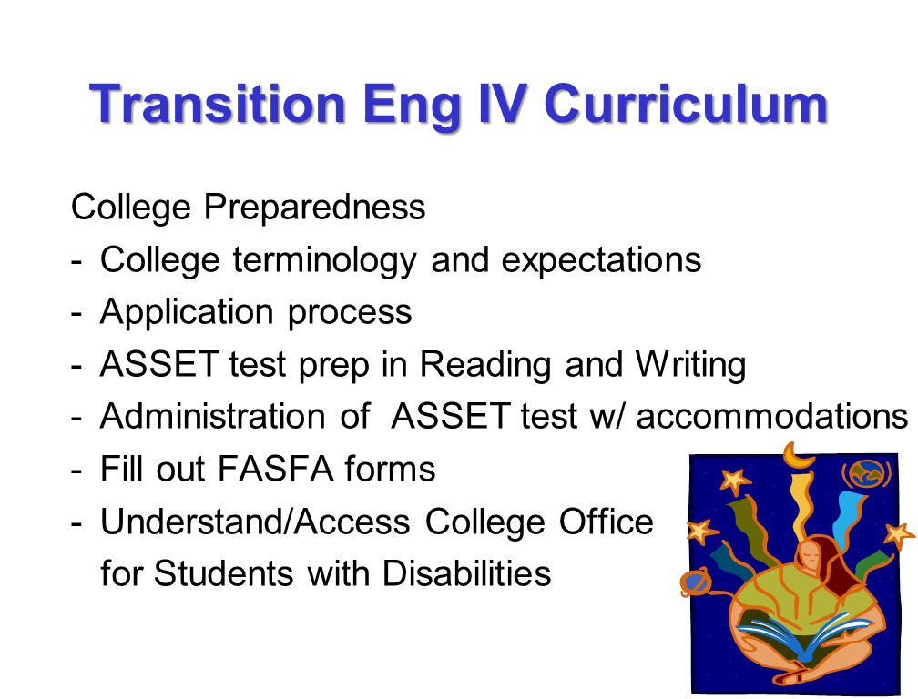 College Preparedness -College terminology and expectations -Application process -ASSET test prep in Reading and Writing -Administration of ASSET test w/ accommodations -Fill out FASFA forms -Understand/Access College Office for Students with Disabilities Transition Eng IV Curriculum