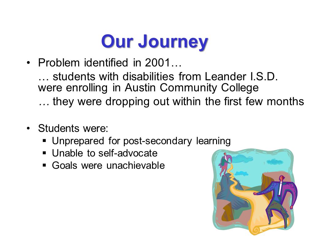 Our Journey Problem identified in 2001… … students with disabilities from Leander I.S.D.