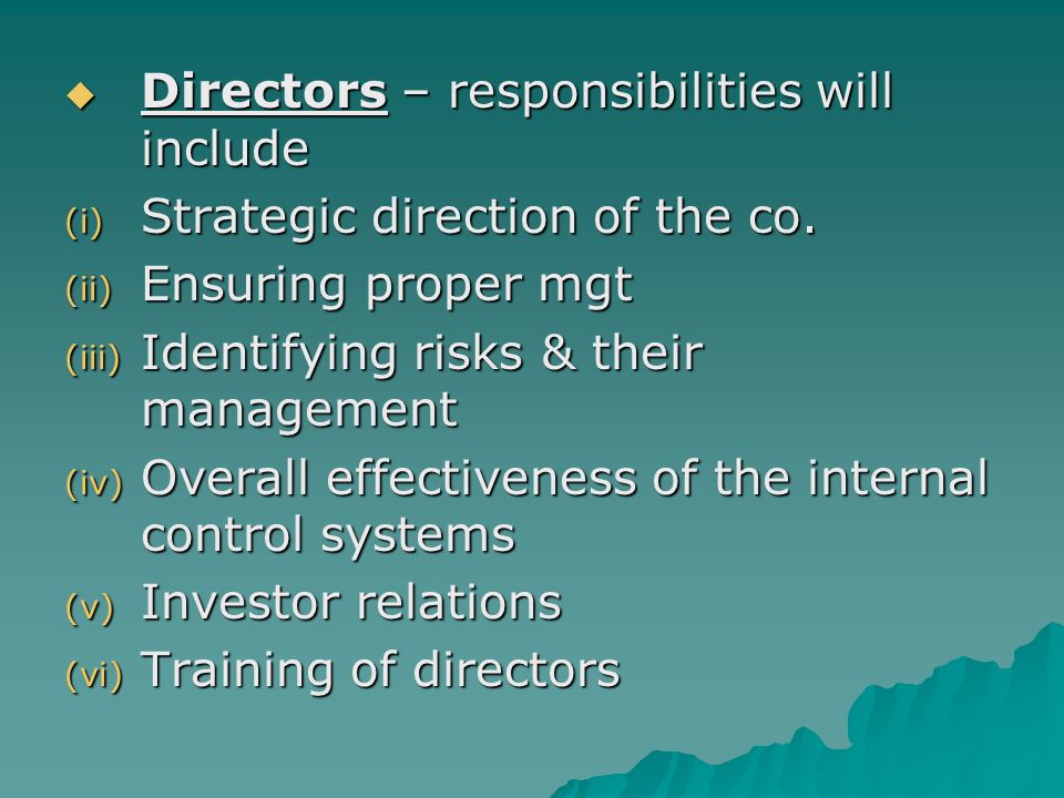  Directors – responsibilities will include (i) Strategic direction of the co.