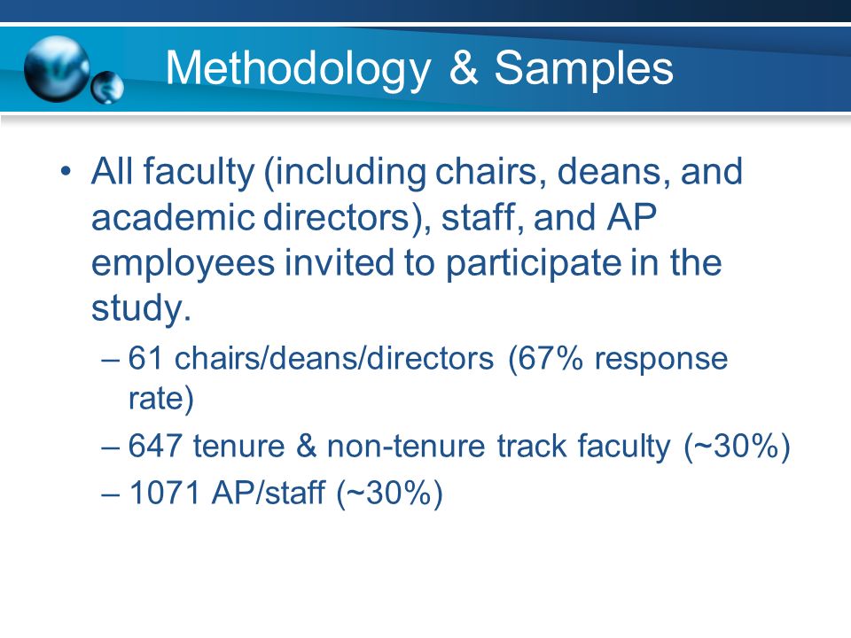 Methodology & Samples All faculty (including chairs, deans, and academic directors), staff, and AP employees invited to participate in the study.