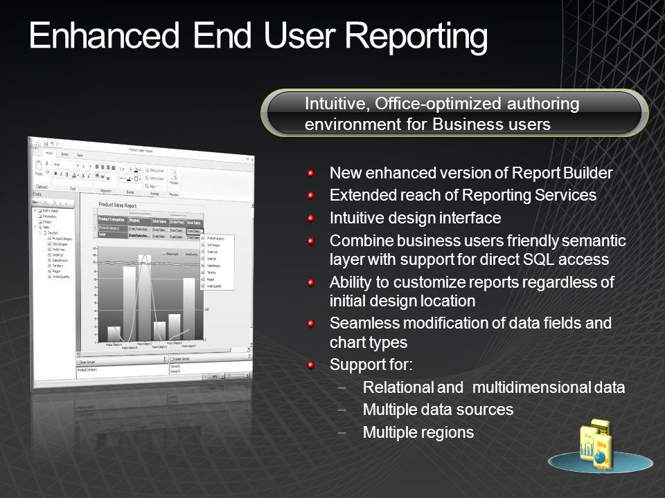Enhanced End User Reporting Intuitive, Office-optimized authoring environment for Business users New enhanced version of Report Builder Extended reach of Reporting Services Intuitive design interface Combine business users friendly semantic layer with support for direct SQL access Ability to customize reports regardless of initial design location Seamless modification of data fields and chart types Support for: – Relational and multidimensional data – Multiple data sources – Multiple regions