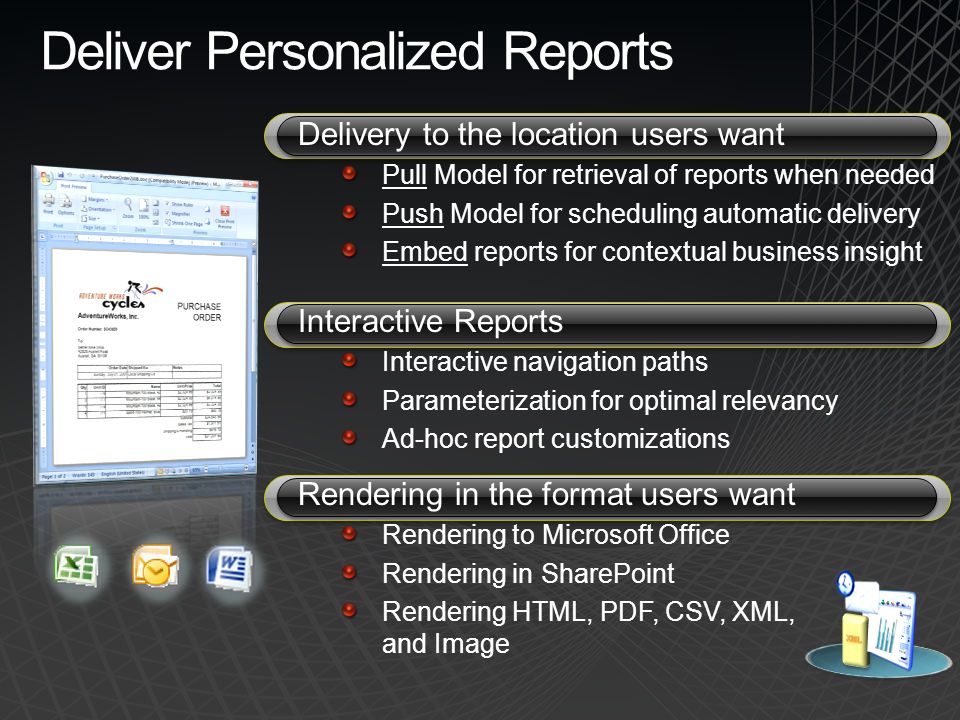 Deliver Personalized Reports Delivery to the location users want Pull Model for retrieval of reports when needed Push Model for scheduling automatic delivery Embed reports for contextual business insight Interactive Reports Interactive navigation paths Parameterization for optimal relevancy Ad-hoc report customizations Rendering in the format users want Rendering to Microsoft Office Rendering in SharePoint Rendering HTML, PDF, CSV, XML, and Image