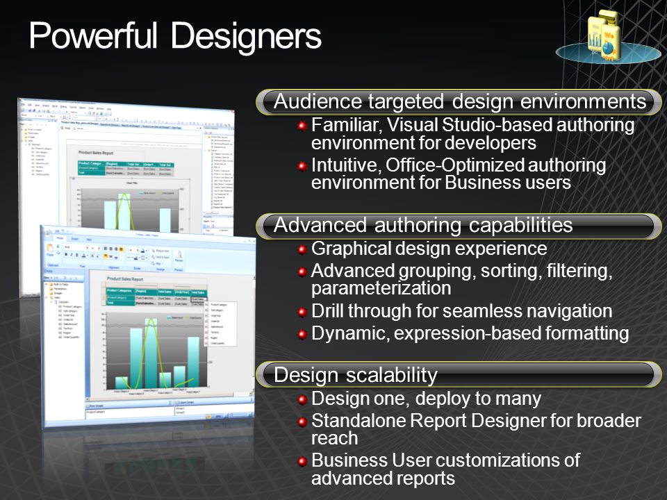 Powerful Designers Audience targeted design environments Familiar, Visual Studio-based authoring environment for developers Intuitive, Office-Optimized authoring environment for Business users Advanced authoring capabilities Graphical design experience Advanced grouping, sorting, filtering, parameterization Drill through for seamless navigation Dynamic, expression-based formatting Design scalability Design one, deploy to many Standalone Report Designer for broader reach Business User customizations of advanced reports