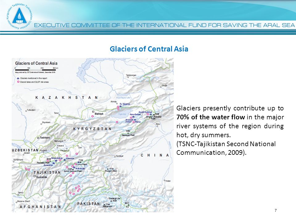 Glaciers of Central Asia Glaciers presently contribute up to 70% of the water flow in the major river systems of the region during hot, dry summers.