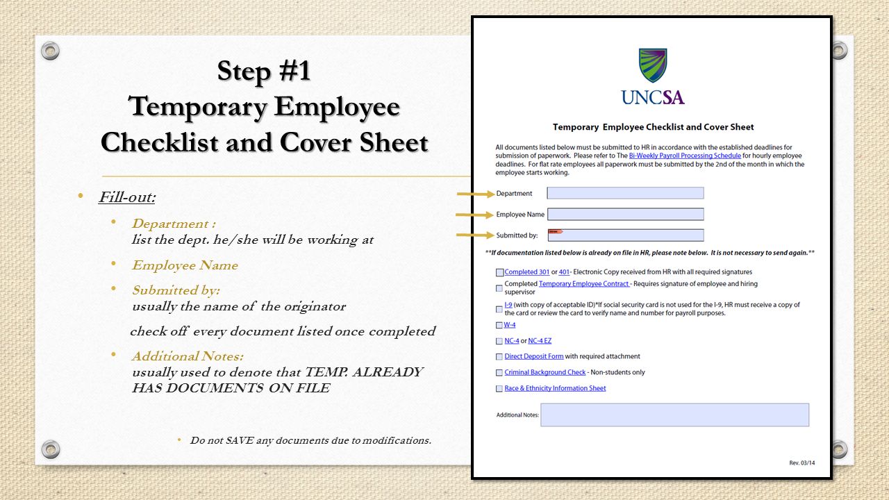 401 Steps And Procedures Step 1 Temporary Employee Checklist And Cover Sheet Fill Out Department List The Dept He She Will Be Working At Employee Ppt Download