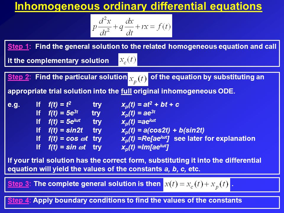 Inhomogeneous ordinary differential equations Step 4: Apply boundary conditions to find the values of the constants Step 1: Find the general solution to the related homogeneous equation and call it the complementary solution.
