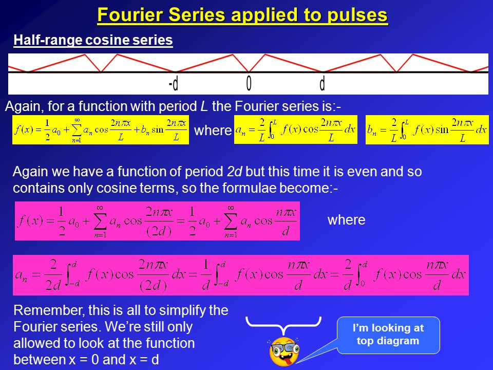 Fourier Series applied to pulses Half-range cosine series Again, for a function with period L the Fourier series is:- where Again we have a function of period 2d but this time it is even and so contains only cosine terms, so the formulae become:- where Remember, this is all to simplify the Fourier series.