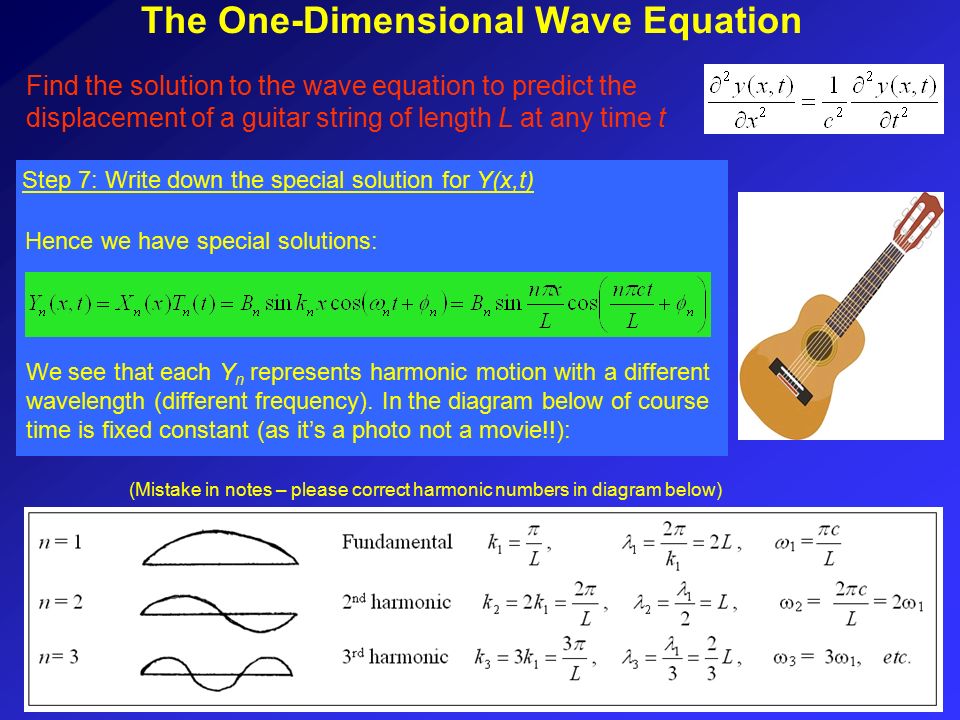 Find the solution to the wave equation to predict the displacement of a guitar string of length L at any time t The One-Dimensional Wave Equation Step 7: Write down the special solution for Y(x,t) Hence we have special solutions: We see that each Y n represents harmonic motion with a different wavelength (different frequency).