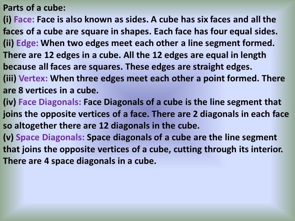 Parts of a cube: (i) Face: Face is also known as sides.