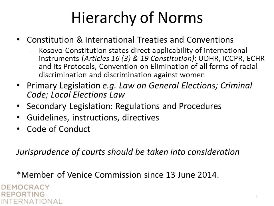 Hierarchy of Norms Constitution & International Treaties and Conventions -Kosovo Constitution states direct applicability of international instruments (Articles 16 (3) & 19 Constitution): UDHR, ICCPR, ECHR and its Protocols, Convention on Elimination of all forms of racial discrimination and discrimination against women Primary Legislation e.g.