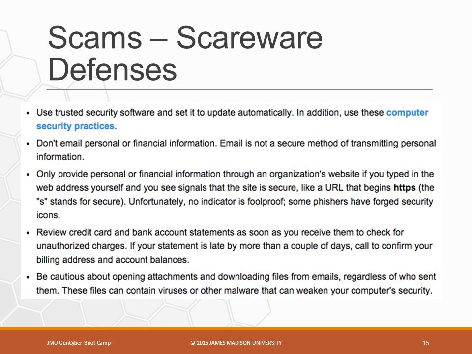 Scams – Scareware Defenses JMU GenCyber Boot Camp© 2015 JAMES MADISON UNIVERSITY 15