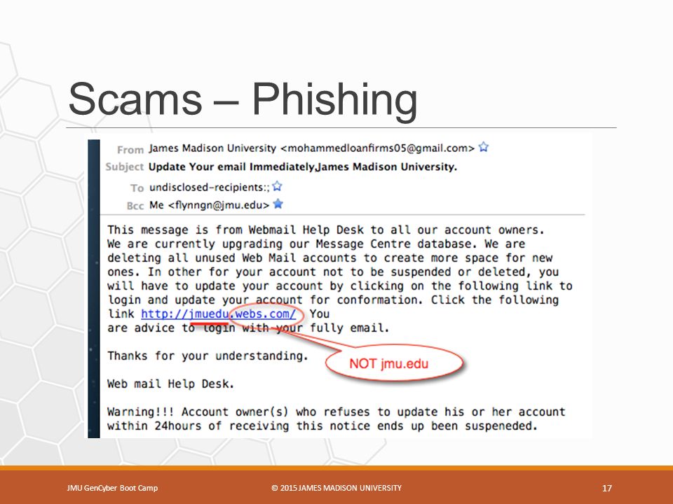 Scams – Phishing JMU GenCyber Boot Camp© 2015 JAMES MADISON UNIVERSITY 17