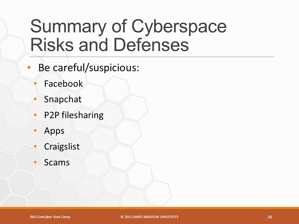 Summary of Cyberspace Risks and Defenses Be careful/suspicious: Facebook Snapchat P2P filesharing Apps Craigslist Scams JMU GenCyber Boot Camp© 2015 JAMES MADISON UNIVERSITY 20