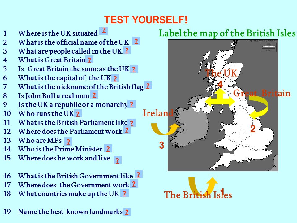 1Where is the UK situated 2What is the official name of the UK 3What are people called in the UK 4What is Great Britain 5Is Great Britain the same as the UK 6What is the capital of the UK 7What is the nickname of the British flag 8Is John Bull a real man 9Is the UK a republic or a monarchy 10Who runs the UK 11What is the British Parliament like 12Where does the Parliament work 13Who are MPs 14Who is the Prime Minister 15Where does he work and live 16What is the British Government like 17Where does the Government work 18What countries make up the UK 19Name the best-known landmarks.