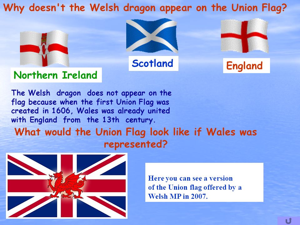 England Scotland Northern Ireland Why doesn t the Welsh dragon appear on the Union Flag.