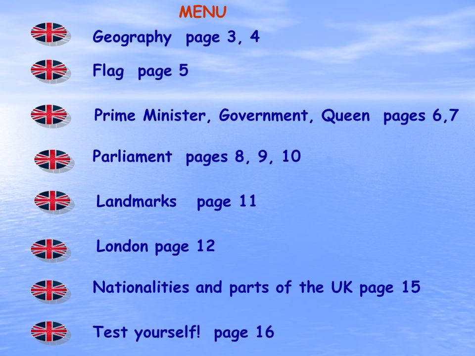 Geography page 3, 4 Flag page 5 Prime Minister, Government, Queen pages 6,7 Parliament pages 8, 9, 10 Landmarks page 11 London page 12 Nationalities and parts of the UK page 15 Test yourself.