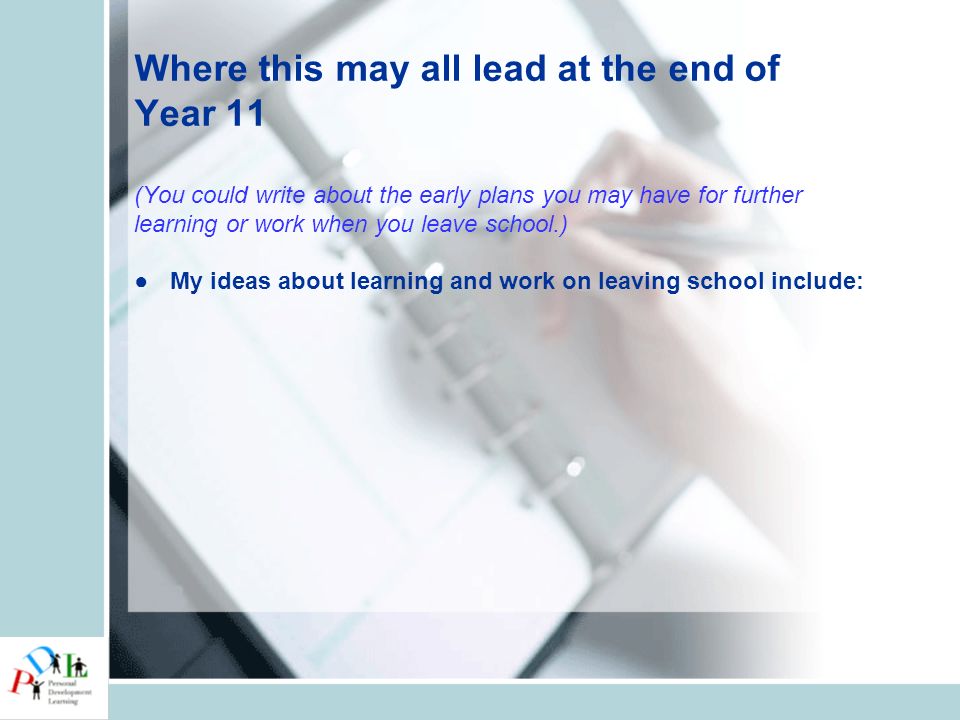 Where this may all lead at the end of Year 11 (You could write about the early plans you may have for further learning or work when you leave school.) ●My ideas about learning and work on leaving school include: