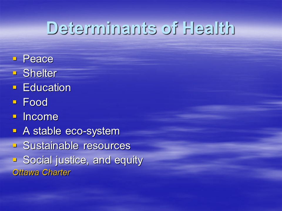 Determinants of Health  Peace  Shelter  Education  Food  Income  A stable eco-system  Sustainable resources  Social justice, and equity Ottawa Charter