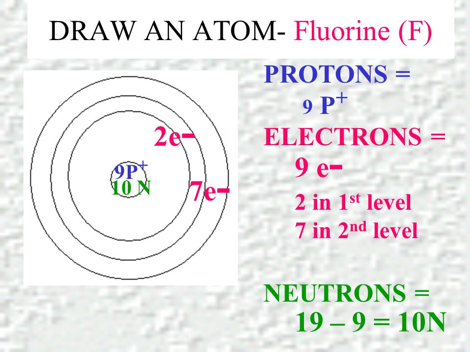 DRAW AN ATOM- Fluorine (F) PROTONS = ELECTRONS = NEUTRONS = 9 P + 9 e - 2 in 1 st level 7 in 2 nd level 19 – 9 = 10N 9P + 2e - 10 N 7e -