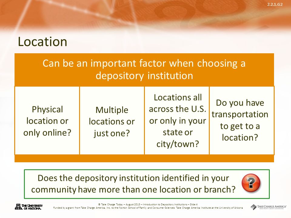 2.2.1.G2 © Take Charge Today – August 2013 – Introduction to Depository Institutions – Slide 4 Funded by a grant from Take Charge America, Inc.