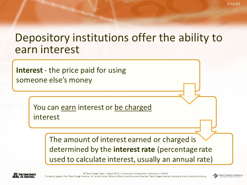 2.2.1.G2 © Take Charge Today – August 2013 – Introduction to Depository Institutions – Slide 8 Funded by a grant from Take Charge America, Inc.