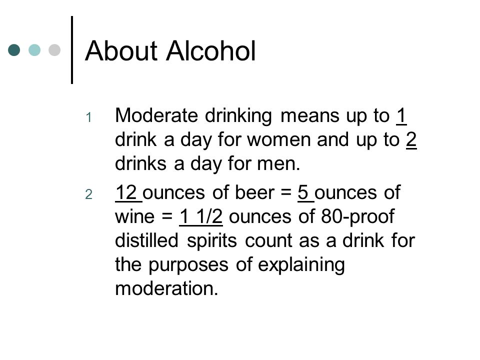 About Alcohol 1 Moderate drinking means up to 1 drink a day for women and up to 2 drinks a day for men.