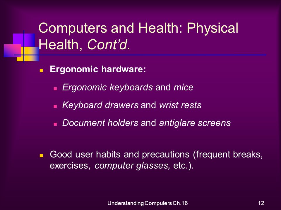 Understanding Computers Ch.1612 Computers and Health: Physical Health, Cont’d.