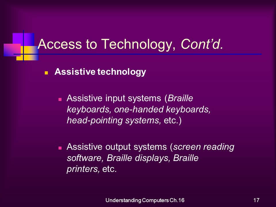 Understanding Computers Ch.1617 Access to Technology, Cont’d.