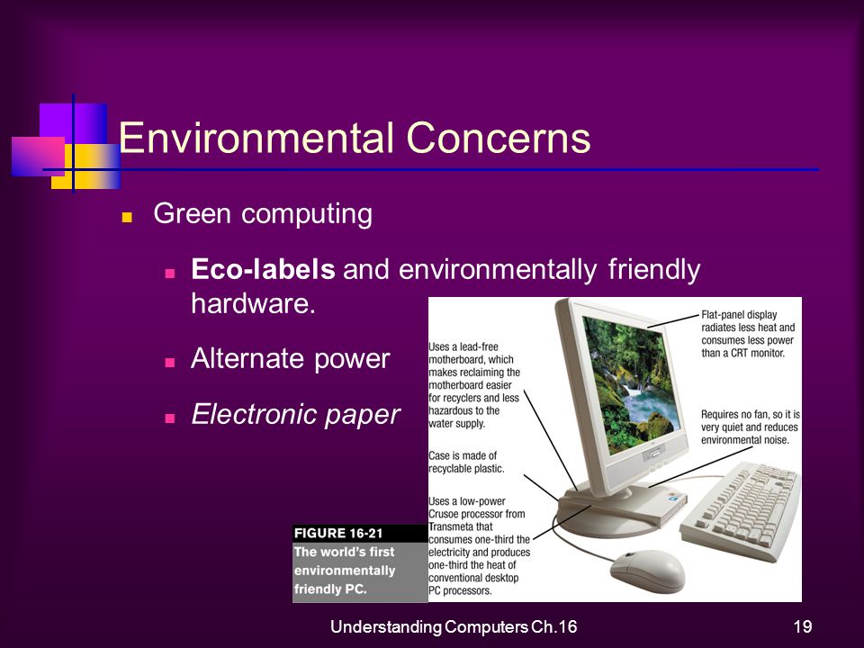 Understanding Computers Ch.1619 Environmental Concerns Green computing Eco-labels and environmentally friendly hardware.