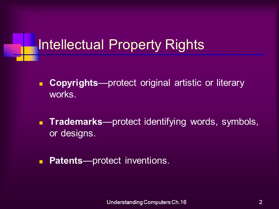 Understanding Computers Ch.162 Intellectual Property Rights Copyrights —protect original artistic or literary works.