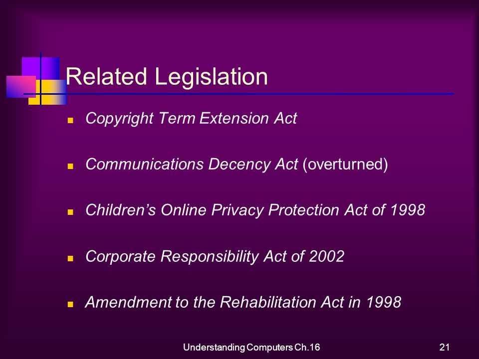 Understanding Computers Ch.1621 Related Legislation Copyright Term Extension Act Communications Decency Act (overturned) Children’s Online Privacy Protection Act of 1998 Corporate Responsibility Act of 2002 Amendment to the Rehabilitation Act in 1998