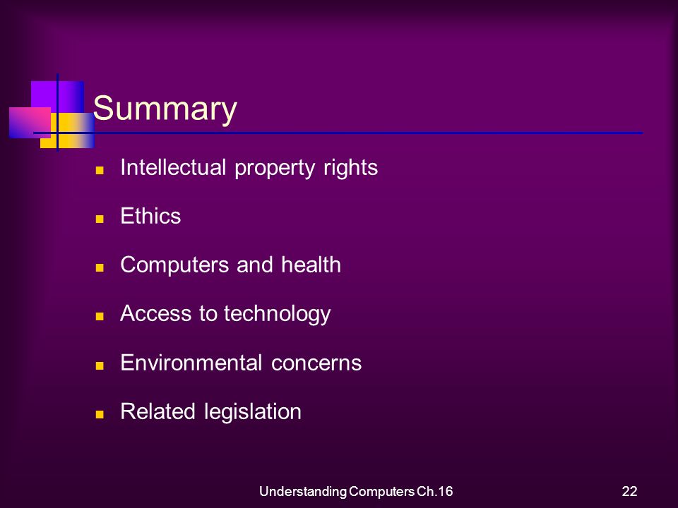 Understanding Computers Ch.1622 Summary Intellectual property rights Ethics Computers and health Access to technology Environmental concerns Related legislation