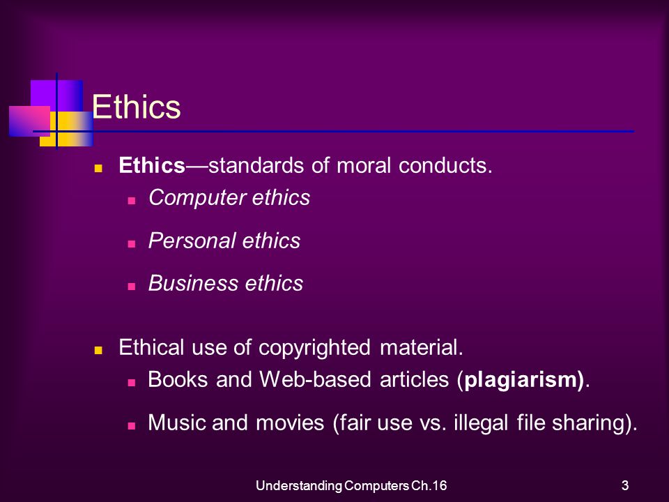 Understanding Computers Ch.163 Ethics Ethics—standards of moral conducts.