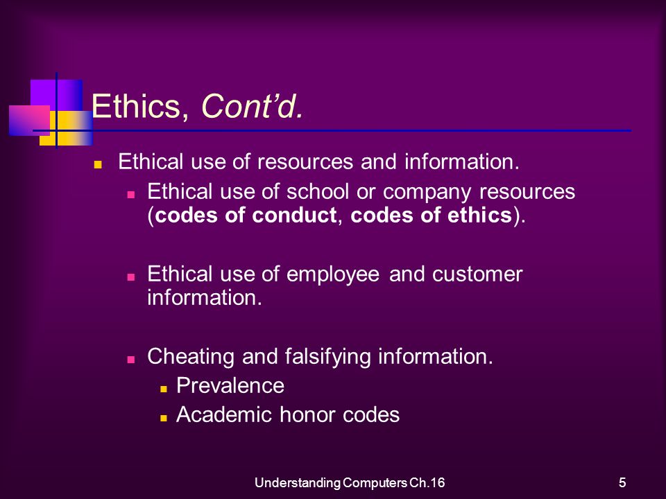 Understanding Computers Ch.165 Ethics, Cont’d. Ethical use of resources and information.
