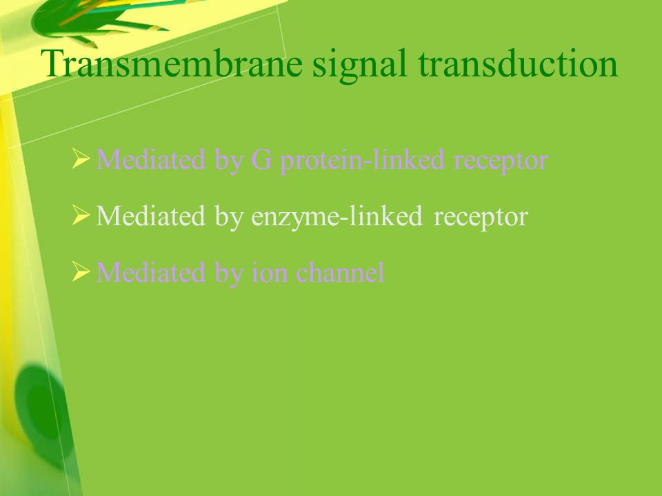  Mediated by G protein-linked receptor  Mediated by enzyme-linked receptor  Mediated by ion channel Transmembrane signal transduction