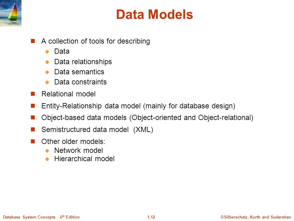 ©Silberschatz, Korth and Sudarshan1.12Database System Concepts - 6 th Edition Data Models A collection of tools for describing Data Data relationships Data semantics Data constraints Relational model Entity-Relationship data model (mainly for database design) Object-based data models (Object-oriented and Object-relational) Semistructured data model (XML) Other older models: Network model Hierarchical model