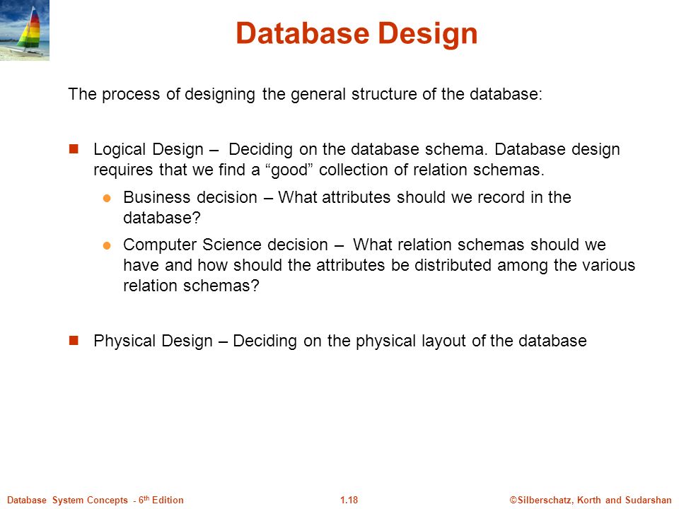 ©Silberschatz, Korth and Sudarshan1.18Database System Concepts - 6 th Edition Database Design The process of designing the general structure of the database: Logical Design – Deciding on the database schema.