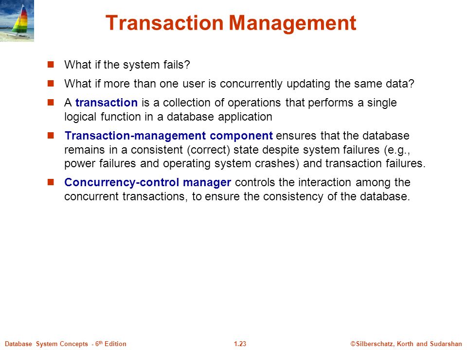 ©Silberschatz, Korth and Sudarshan1.23Database System Concepts - 6 th Edition Transaction Management What if the system fails.