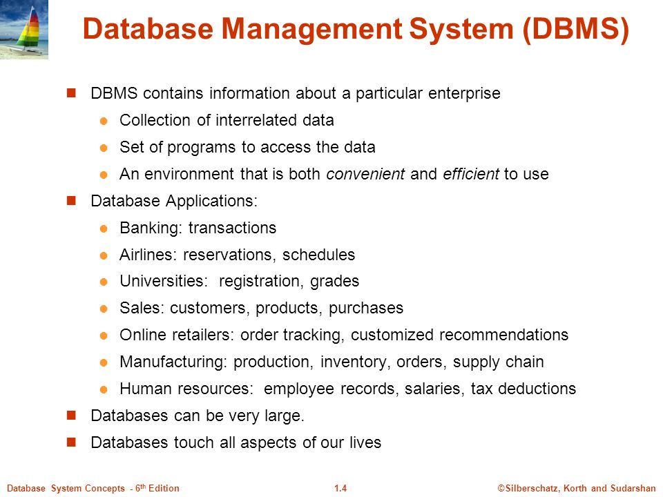 ©Silberschatz, Korth and Sudarshan1.4Database System Concepts - 6 th Edition Database Management System (DBMS) DBMS contains information about a particular enterprise Collection of interrelated data Set of programs to access the data An environment that is both convenient and efficient to use Database Applications: Banking: transactions Airlines: reservations, schedules Universities: registration, grades Sales: customers, products, purchases Online retailers: order tracking, customized recommendations Manufacturing: production, inventory, orders, supply chain Human resources: employee records, salaries, tax deductions Databases can be very large.