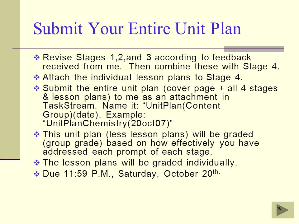 Submit Your Entire Unit Plan  Revise Stages 1,2,and 3 according to feedback received from me.
