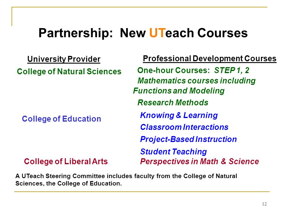 12 Partnership: New UTeach Courses University Provider Professional Development Courses One-hour Courses: STEP 1, 2 Mathematics courses including Functions and Modeling Research Methods College of Natural Sciences Knowing & Learning Classroom Interactions Project-Based Instruction Student Teaching College of Education Perspectives in Math & Science College of Liberal Arts A UTeach Steering Committee includes faculty from the College of Natural Sciences, the College of Education.