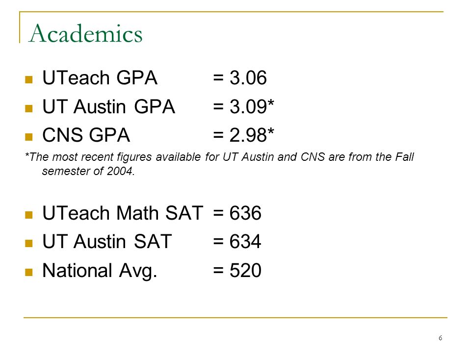 6 Academics UTeach GPA= 3.06 UT Austin GPA = 3.09* CNS GPA = 2.98* *The most recent figures available for UT Austin and CNS are from the Fall semester of 2004.