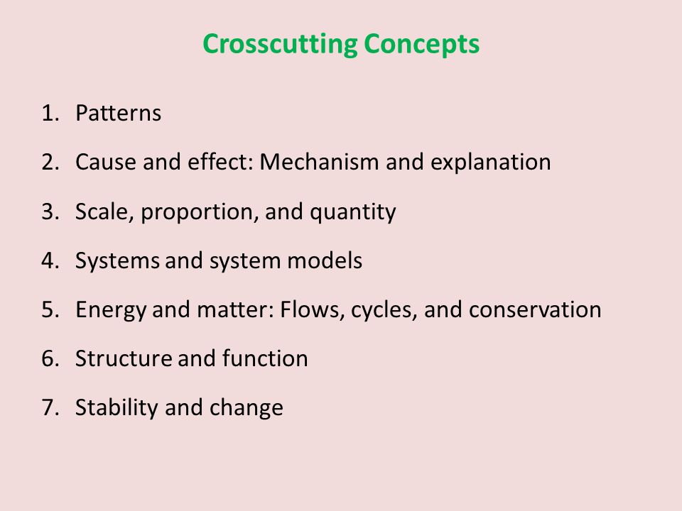 Crosscutting Concepts 1.Patterns 2.Cause and effect: Mechanism and explanation 3.Scale, proportion, and quantity 4.Systems and system models 5.Energy and matter: Flows, cycles, and conservation 6.Structure and function 7.Stability and change