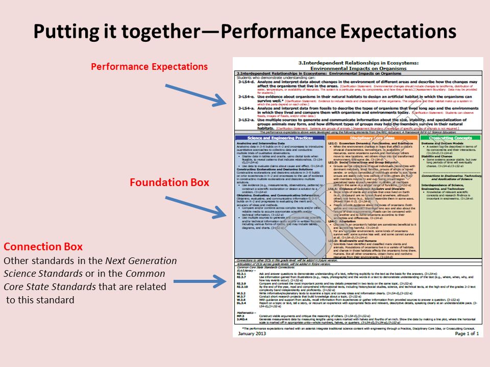 Putting it together—Performance Expectations Performance Expectations Foundation Box Connection Box Other standards in the Next Generation Science Standards or in the Common Core State Standards that are related to this standard