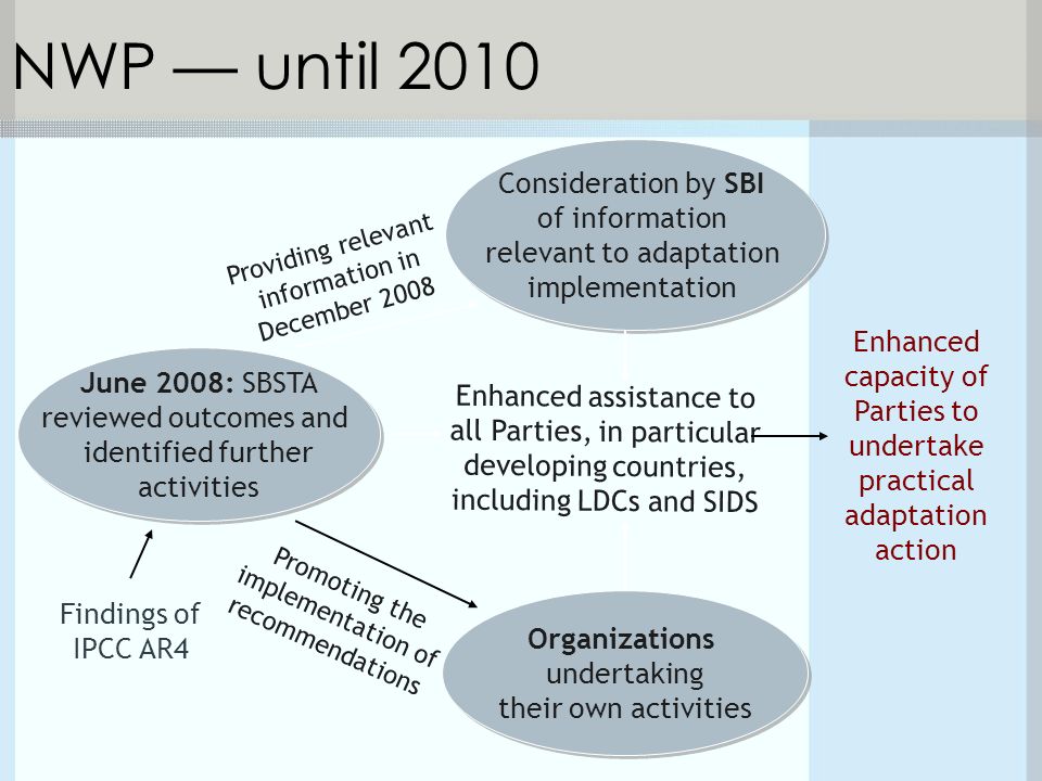 June 2008: SBSTA reviewed outcomes and identified further activities NWP — until 2010 Enhanced capacity of Parties to undertake practical adaptation action Enhanced assistance to all Parties, in particular developing countries, including LDCs and SIDS Findings of IPCC AR4 Organizations undertaking their own activities Consideration by SBI of information relevant to adaptation implementation Providing relevant information in December 2008 Promoting the implementation of recommendations
